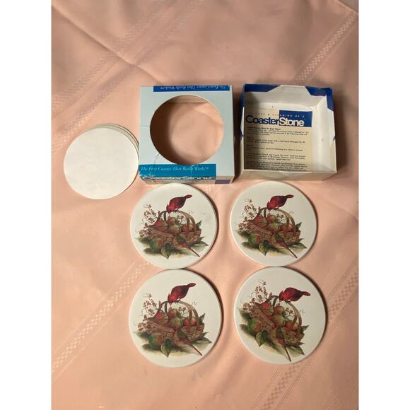 CoasterStone Set of 4 Drink Coasters Pair of Cardinal Birds on Apple Basket NIB - Picture 5 of 12